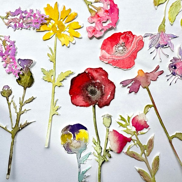 Watercolour painted and die cut by me summer wild meadow flowers set of 10 for card making scrapbooking art journaling