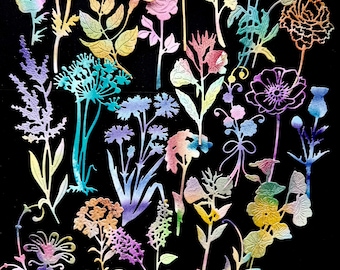 May include: A collection of colorful paper cutouts of flowers and plants on a black background. The cutouts are in various shades of pink, blue, green, yellow, and orange.