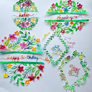 Frases troqueladas / Bordes de tarjetas / Adornos para tarjetas / Flores troqueladas / Adornos troquelados / Marcos troquelados / Flores de acuarela