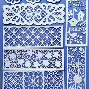 Die cut lacy frames | Card panels | Frames card kit | Die cut card backings | Rose trellis card | Die cut birds | Die cut flowers |