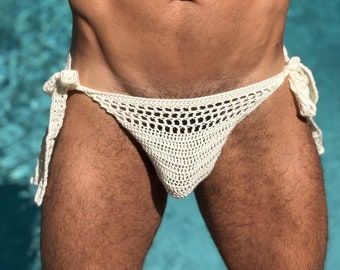 Mens crochet swim brief with adjustable stipes on the sides. Hand crocheted male speedo swimwear, mens lingerie underwear