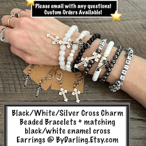 Cross Charm Bracelets-Black & White-Religious themed jewelry- Enamel cross charms Earrings- Beaded bracelets-Christmas holiday jewelry sets