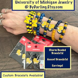 Michigan Wolverines Charm Bracelets-College themed Jewelry-Beaded Bracelets-Earrings-Michigan Gifts-Block M maze charm-U of M-Go Blue.