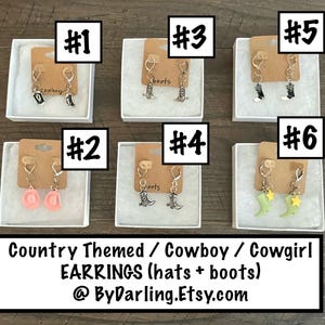 Cowboy Boots/Hats EARRINGS-Country theme jewelry-Cowboy-Cowgirl-Pink cowboy Hat-silver cowboy hats-Colorful cowboy boots-Silver cowboy boots