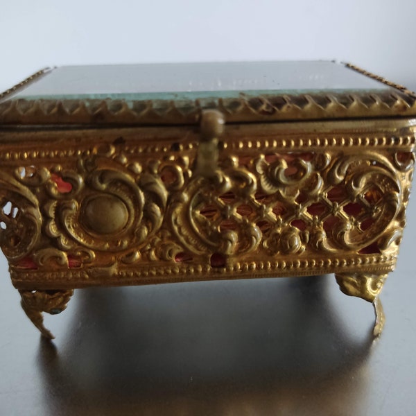 Antique Gilded brass Jewelry Box with Beveled Faceted Glass Retro Victorian Trinket Footed Jewelry Casket