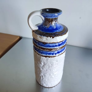 Vintage West German Fat Lava Pottery Vase Blue White Brown Textured Glaze Jug Style Mid Century Modern Ceramic Home Decor Vase Stamp 408 7A