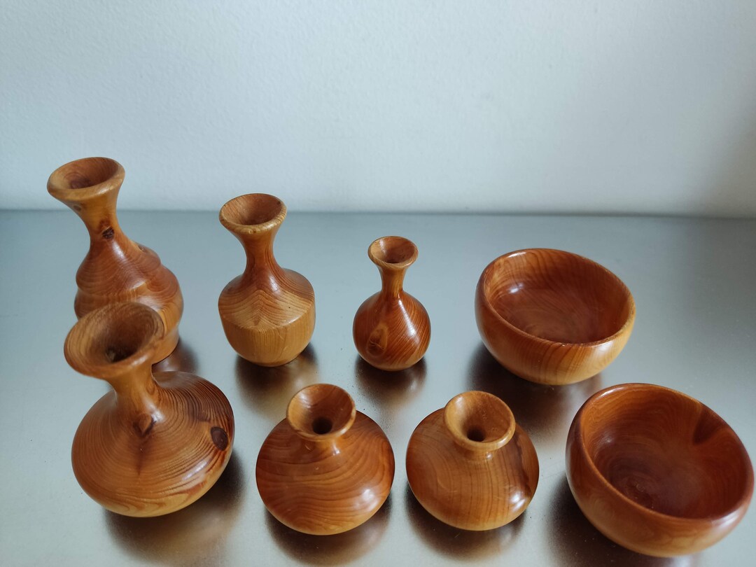 Set of 7 Mini Wood Bowls and Jugs Handmade, Handcrafted Utensils, Bowl