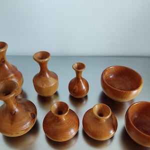 Set of 7 Mini Wood Bowls and Jugs Handmade, Handcrafted Utensils, Bowl Small, Tiny Wood Carafe, Mini Bowls & Decanters Precious woods
