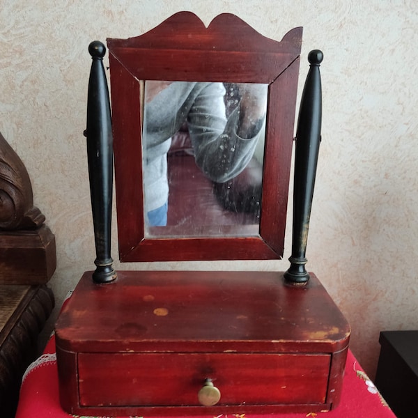 Antique Small antique dressing table mirror XIX c / Pine toilet mirror/ Wooden Cabinet with mirror, Vintage Mirror