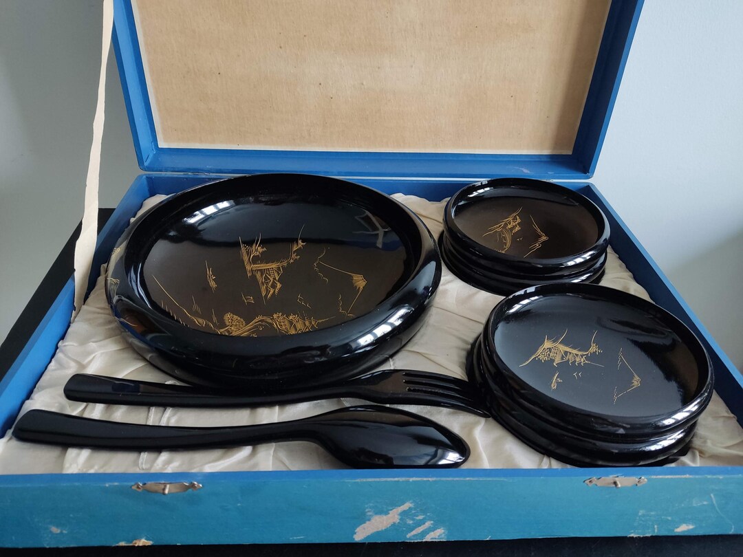 Vintage Black & Gold Lacquerware Salad Serving Set / Japanese Black ...