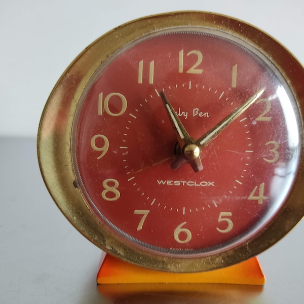 Mid Century WESTCLOX Orange Baby Ben Alarm Clock, made in Scotland
