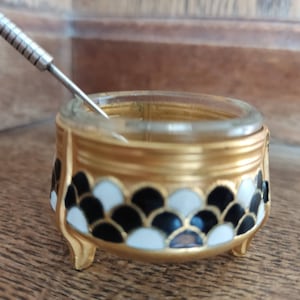 Vintage USSR enamel gilded Salt Cellar With Spoon 1950s