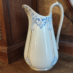 Antique French Napoléon III Ironstone Pitcher 19th Hand painted White Blue Gold Collectible Jug Pitcher