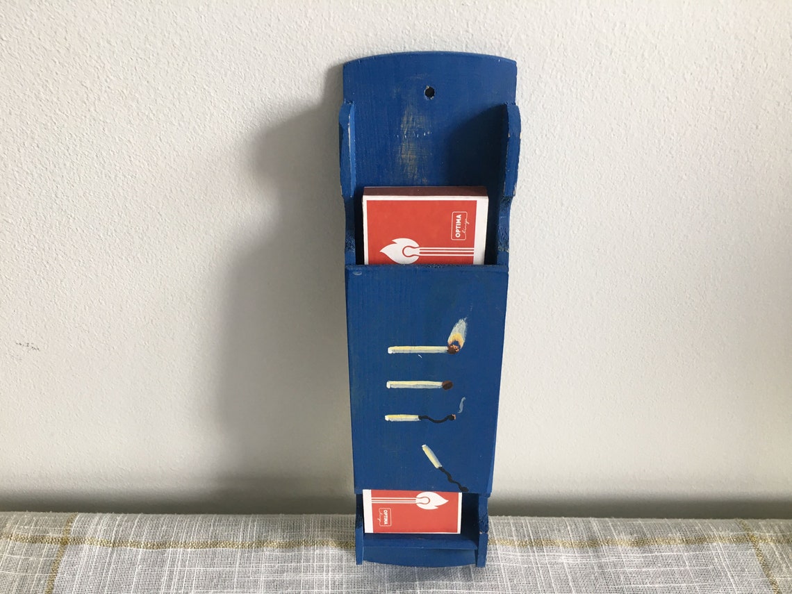 Vintage Wooden Kitchen Matchbox Blue Match Box Holder Hand Made Hand ...