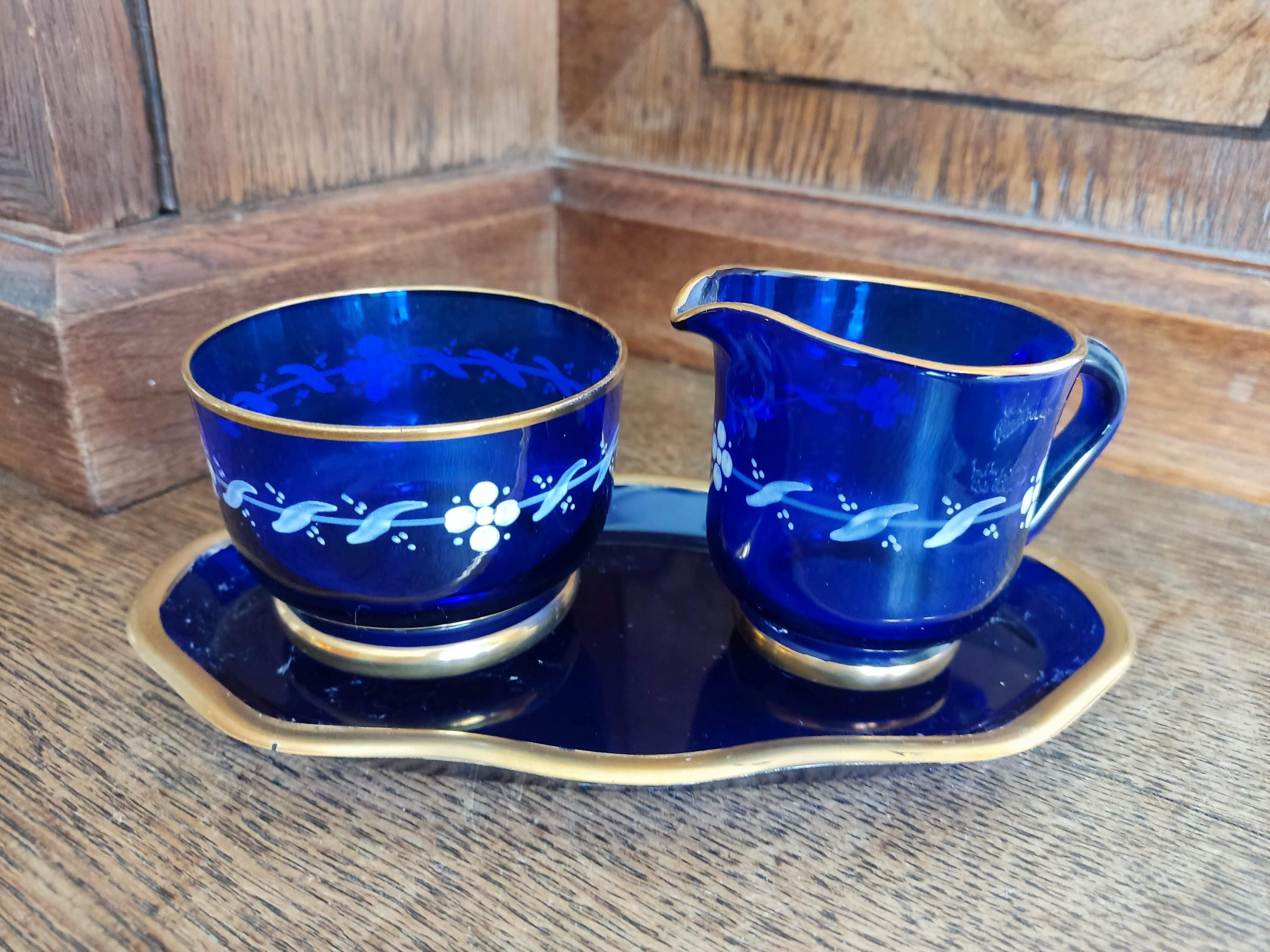 ヴィンテージ コバルトブルー ガラス クリーマー シュガーボウル