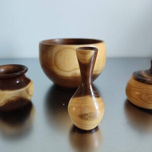 Set of 4 Miniature Wood Bowls and Jug Handmade, Handcrafted set 3 Small bowls and Tiny Wood Carafe Precious woods Golden rain