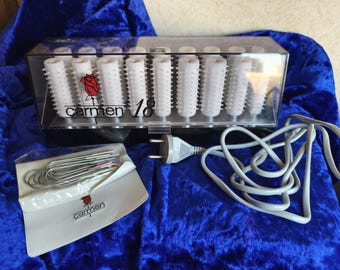 Vintage Carmen 18 verwarmde haarrollers uit Denemarken - 18 hete krulspelden met pinnen, retro haarstylingset, werkende staat