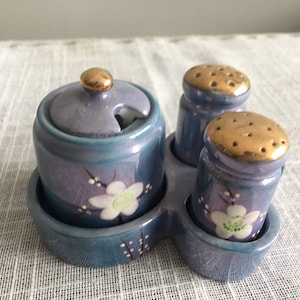 Beautiful vintage elegant Condiment Set with mustard pot and salt and pepper shakers with porcelain holder made in Japan by Nippon