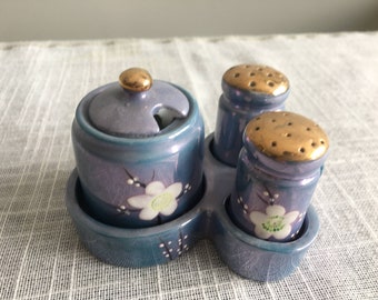 Beautiful vintage elegant Condiment Set with mustard pot and salt and pepper shakers with porcelain holder made in Japan by Nippon