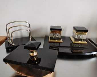 Art Deco German Inkwell Desk Set Black Glass / Crystall 1920s