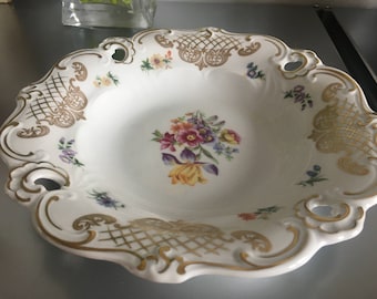 Vintage &#39;Ilse&#39; Echt Weimar Porzellan Bowl or Compote Plate with summer Flowers gold rim breakthrough 21 cm diameter