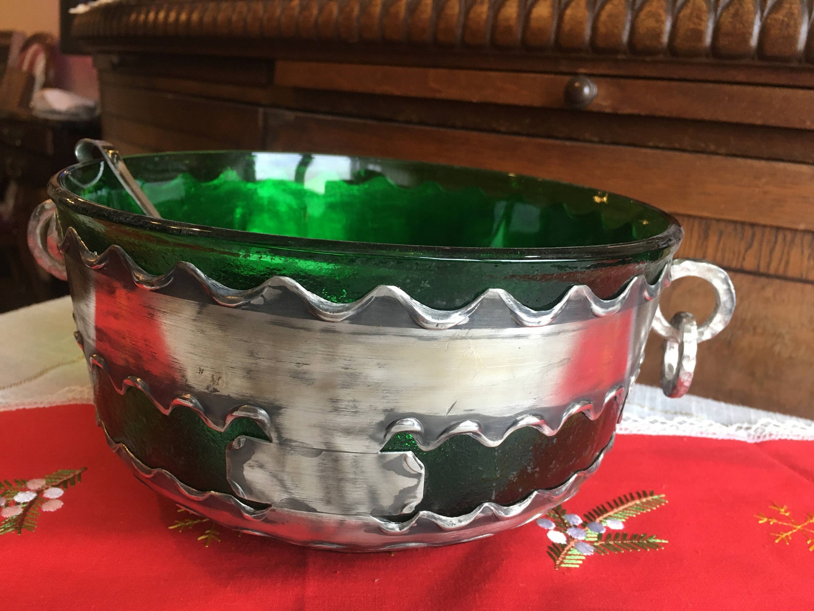 Vintage Punch Bowl Green Glass Set Scandinavian Art Crafts 7 Etsy