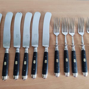 Antique German Steel Cutlery Set with Ebony Handles – Monogrammed &quot;A.A.&quot; – Garantic E.L. Solingen 1930s Collectibles Cutlery Flatware