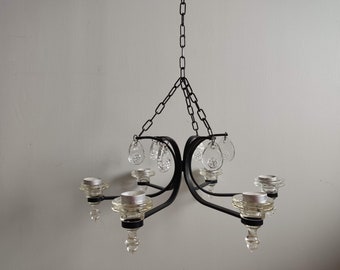 Art Deco Ceiling Candlestick Vintage Swedish Steel and Glass 6 arm Candle Holder Scandinavian Candelabra /Six armed chandelier