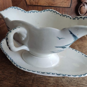 Antique Porcelain Sauce boat gravy boat with footplate Tärna Göteborgs Porslinsfabrik/ Bird and Flower Pattern/Green transferware