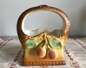 Antique 1920s AUSTRIAN AMPHORA Art Nouveau Vase Pottery Basket with handle and applied Pears and leaves marked 4263