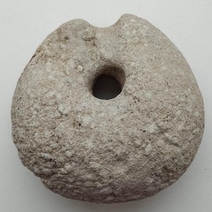 May include: A grey stone with a hole in the centre, resembling a doughnut shape. The stone has a rough, textured surface.