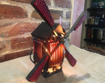 Vintage Swedish Windmill Table Lamp Night Light Art Glass Amber Glass Mid Century Decor