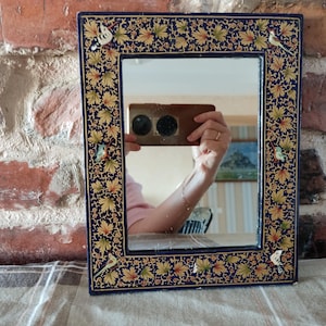 Antique Kashmir Gold Vermilion Hand Painted Over Black Lacquer Mirror 1900s / Baroque French Tribal Style