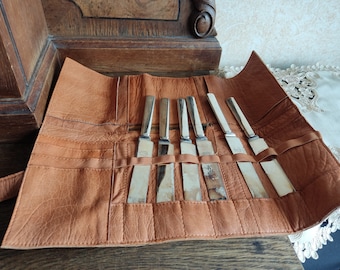 Vintage Genuine Leather Knife Roll Set Chef's Knife Holder Cutlery Sheath Artist Case Travel bag with Eskilstuna Silver plated Knives