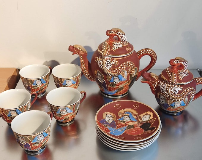 Vintage Japanese Tea Set With Dragonware Moriage, Set of 12 With Lithophane of Geisha / Brown