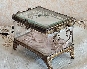 Decadent Antique Jewelry Box with Beveled Faceted Glass and gilded brass Trinket Box with handles Glass Ormolu Footed Casket Engraving Glass