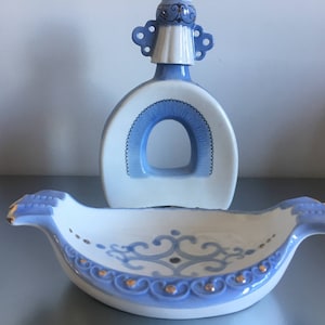 Vintage Russian Porcelain Blue and White glass Flask Decanter  and Russian boat Hand painted 1960- 1970s Made in USSR Veliky Great Novgorod