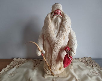 RARE 1960s Antique Russian Spun Cotton Santa Figurine  Doll TOY  with Papier-Mache fase Father Frost Statue Ded Moroz Christmas decoration