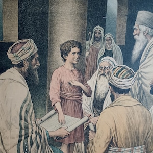 Antique 1913 Danish Large poster lithography By Paul Steffensen 12-years -old Jesus in Temple