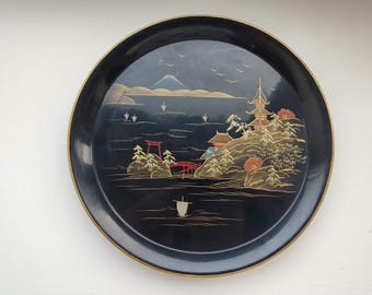 Vintage Black & Gold Lacquerware Wooden Plate  Dish/ Fujiyama landscape pattern/ Wooden Round ASIAN PLATE Japan LACQUER Hand Painted Trinket