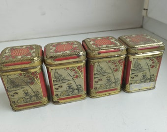 Vintage 1970s. set 4 tin box container Chinese  Tikuan Yin tea, Pu-Erh tea