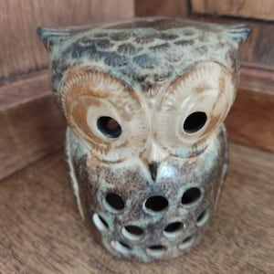 Pottery Owl Candle Holder Vintage 70&#39;s, Stoneware Lantern Vintage brown ceramic owl candle holder
