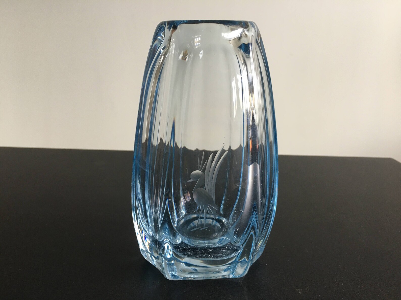 Scandinavian Ice Blue Art Glass Vase Etched Bird Etsy