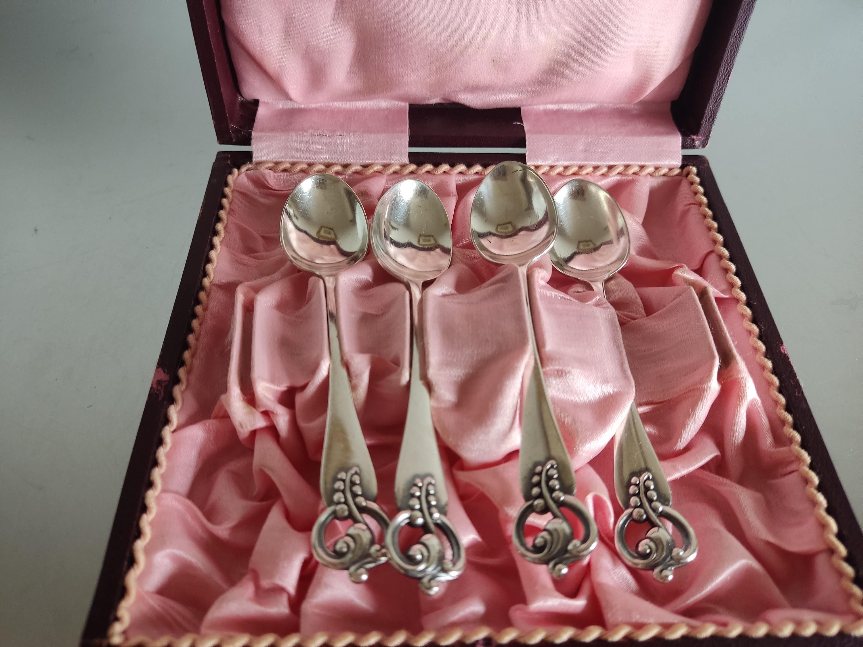 Vintage Set of 4 Silver Plated G.G.H. MA ALP Swedish Spoons in box Göteborg / Art Deco Spoons 1920s