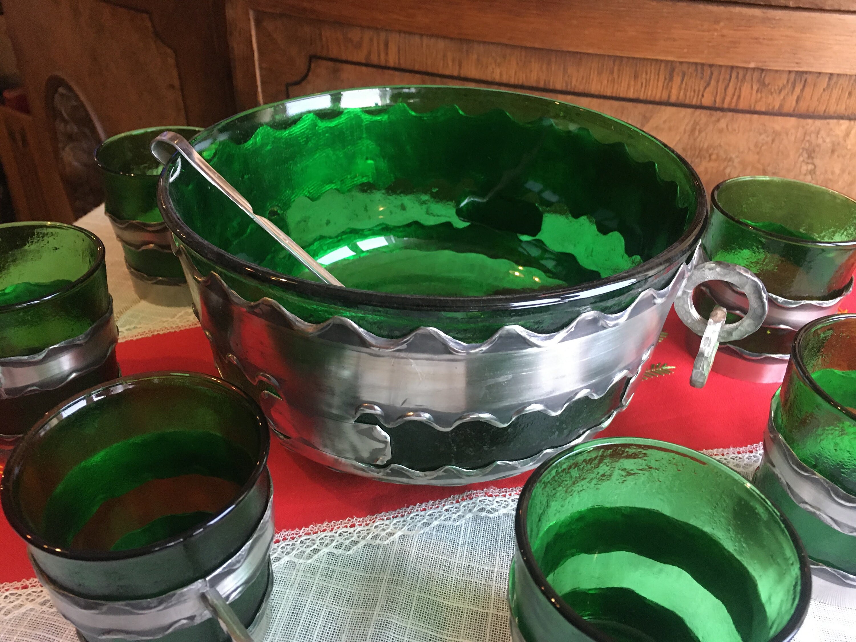 Vintage Punch Bowl Green Glass Set Scandinavian Art Crafts 7 Etsy