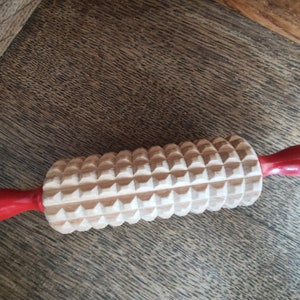Vintage Sweden Kids wooden Noodle notched Cutter Rolling Pin Grooved Grid for Crackers Lefse or Pasta with red handles