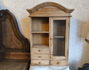 Handmade Rustic Pine Wood Cabinet with Wire Mesh Door | Vintage Miniature Wall Cupboard with Drawers | Farmhouse Kitchen Decor Shelf