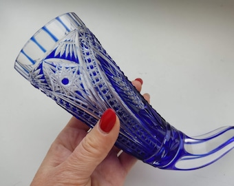 Cuerno de cristal de cobalto azul, Cuerno de cristal, Cuerno para beber, Decoración de cristal de plomo, Cuerno de decoración del hogar, Rusia Vintage, CRISTAL para beber vino