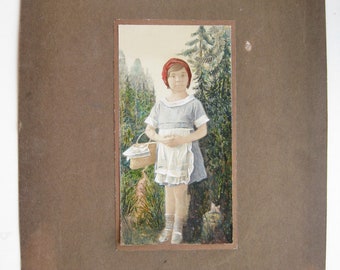 antique XIX century water color painting original Red Riding Hood