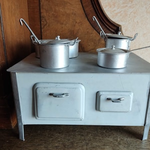 Vintage Tin Dollhouse German Wood Stove, Miniature Metal Stove with Aluminium Kitchenware, Dollhouse, Miniatures Midcentury Toy